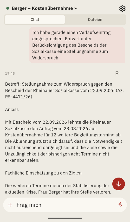 Im Chat die Bitte um eine Stellungnahme zum Widerspruch und darunter der Entwurf. Erfundene Daten.